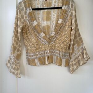 Free People Cream and Gold Patterned Blouse